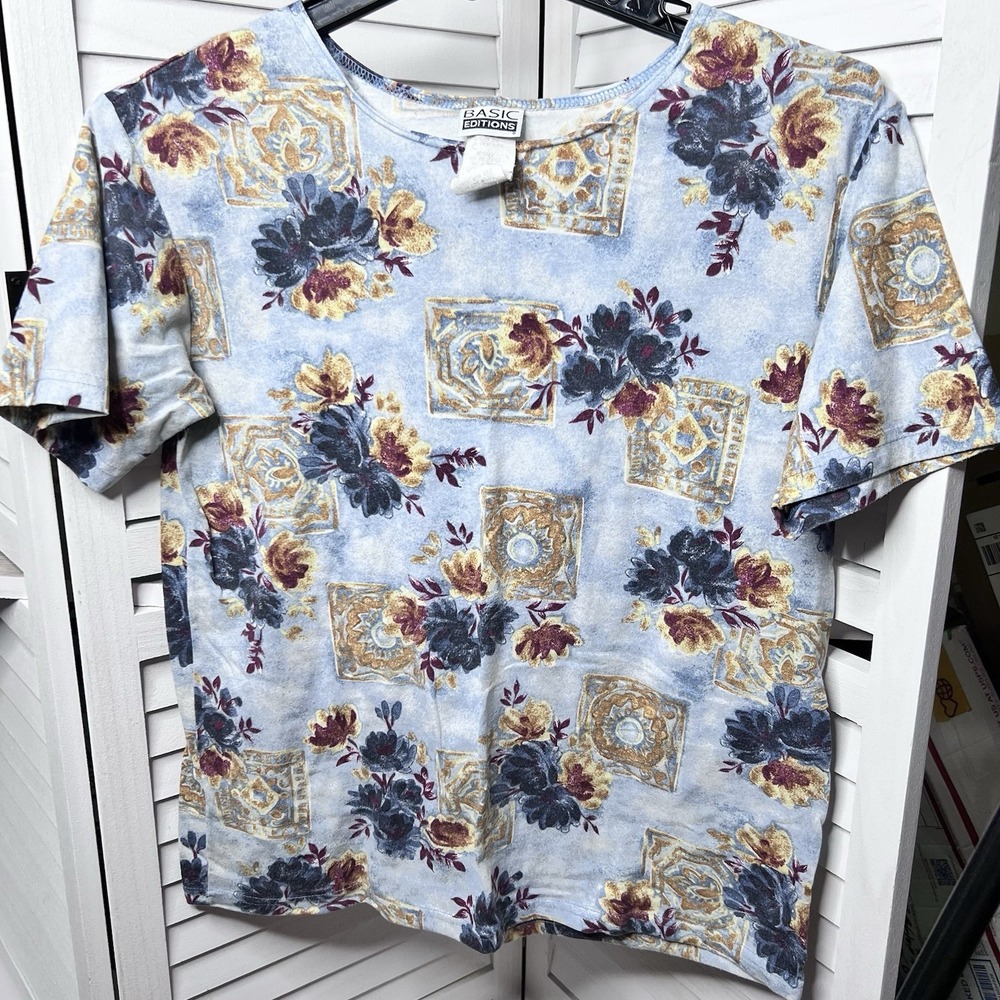 Vintage Basic Editions Women's Floral Tile Print Shirt Made in USA 90s EUC
